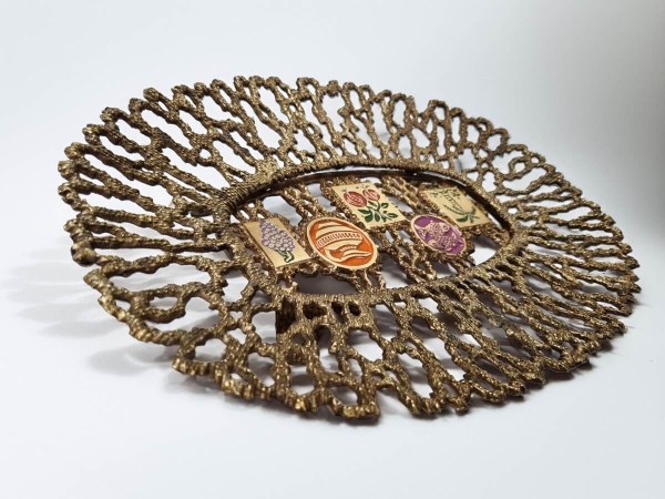 Tamar Raban Israel 184 Judaïca Jerusalem Brutalist Brass Dish mand schaal enamel brass bronze dish tray vintage-00004